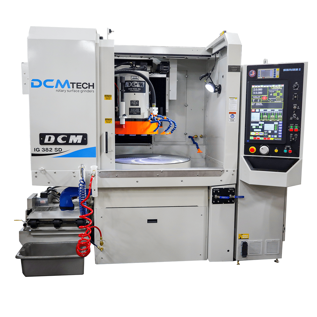 Front View Of Dcm Tech Ig 382 Sd Rotary Surface Grinder With Open Enclosure And Control Panel