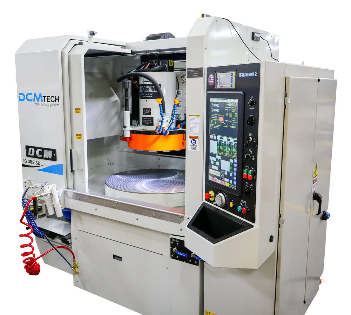 Angled Side View Of Dcm Tech Ig 382 Sd Rotary Surface Grinder With Open Work Area